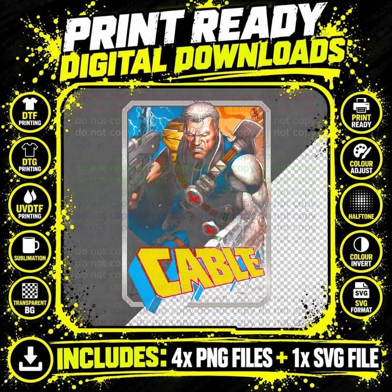 Cable Muscular Male Character with Dark Weapons Halftone Png SVG Digital Bundle