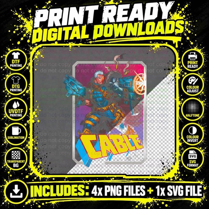 Cable Red Character with Blue Tech Armor Yellow Comic Png SVG Digital Bundle