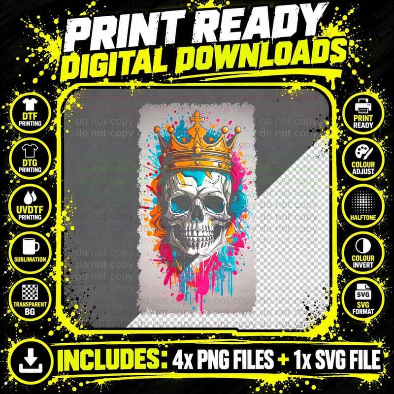 Calavera Corona Colores Semitono T-Shirt Png SVG Digital Bundle