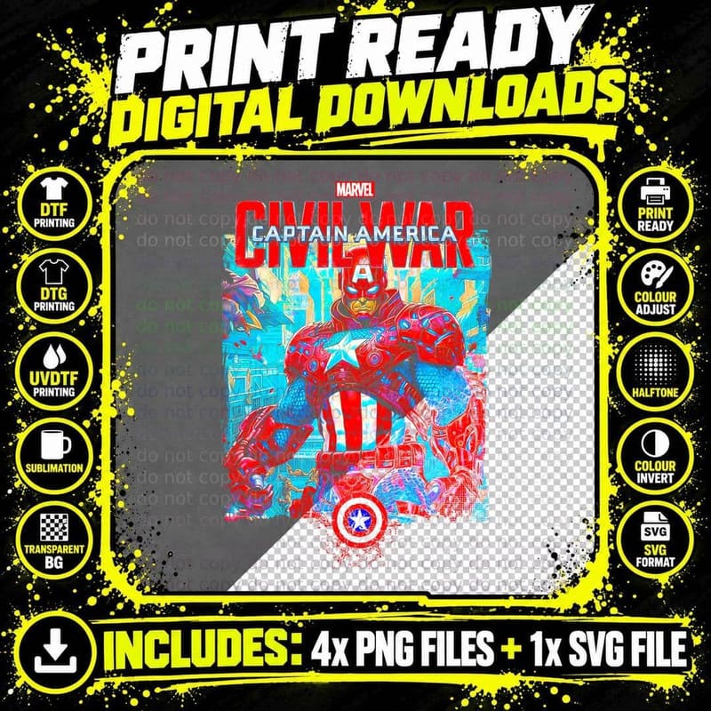 Captain America Civil War Title Design Red Blue T-Shirt Png SVG Digital Bundle