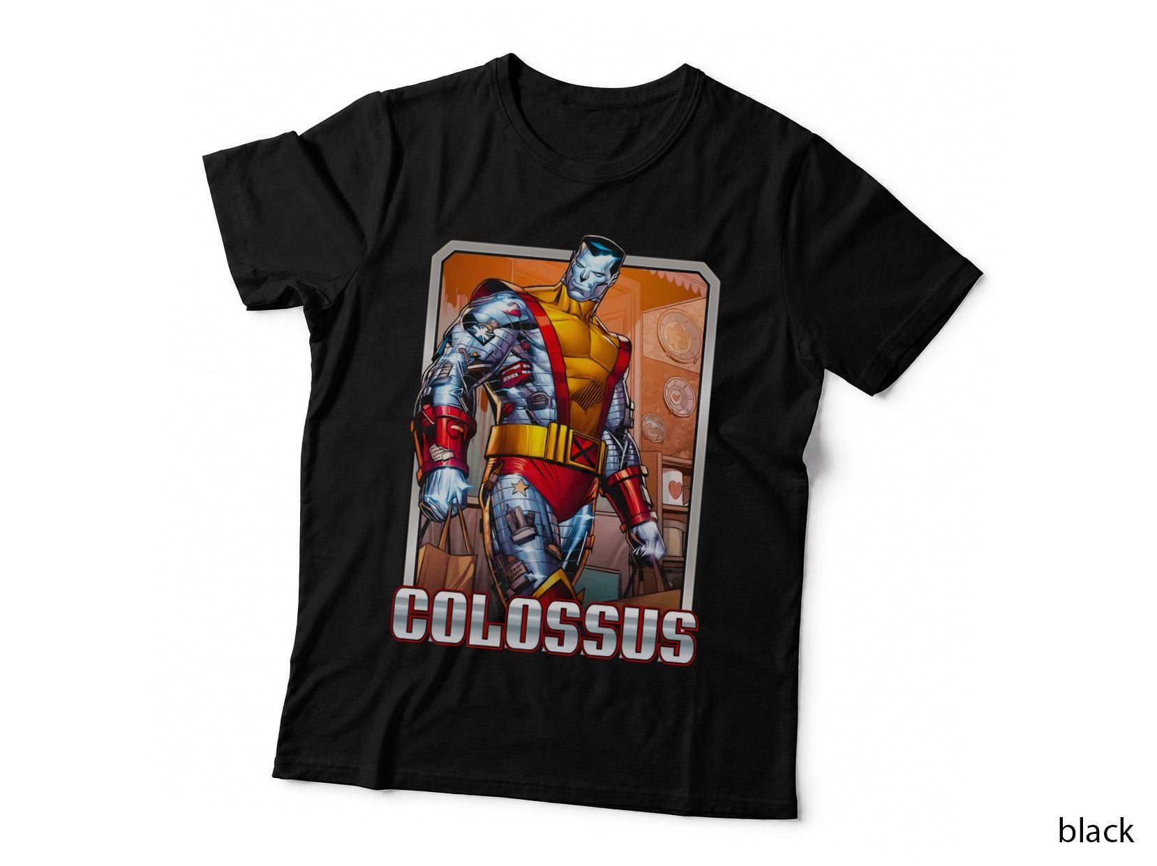Colossus Armored Figure with Orange Background Bold White Text T-Shirt