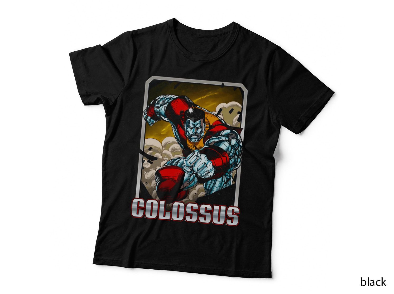 Colossus Armored Warrior in Clouds and Fire White Text T-Shirt