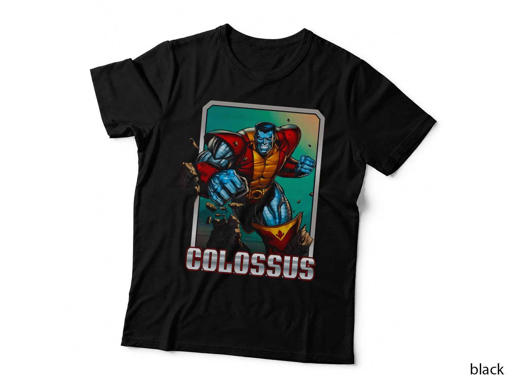 Colossus Blue and Red Armored Figure Gradient Background T-Shirt