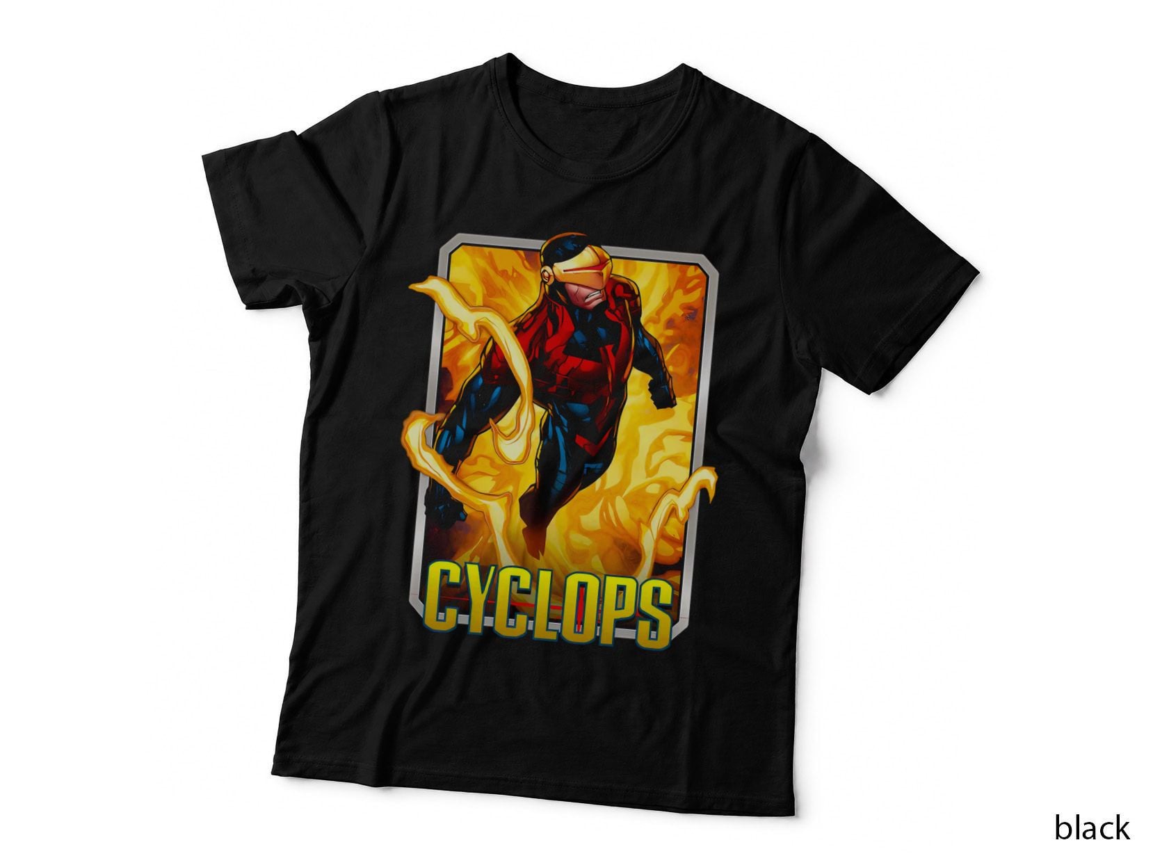 Cyclops Red Armored Character with Flame Energy Yellow Text T-Shirt
