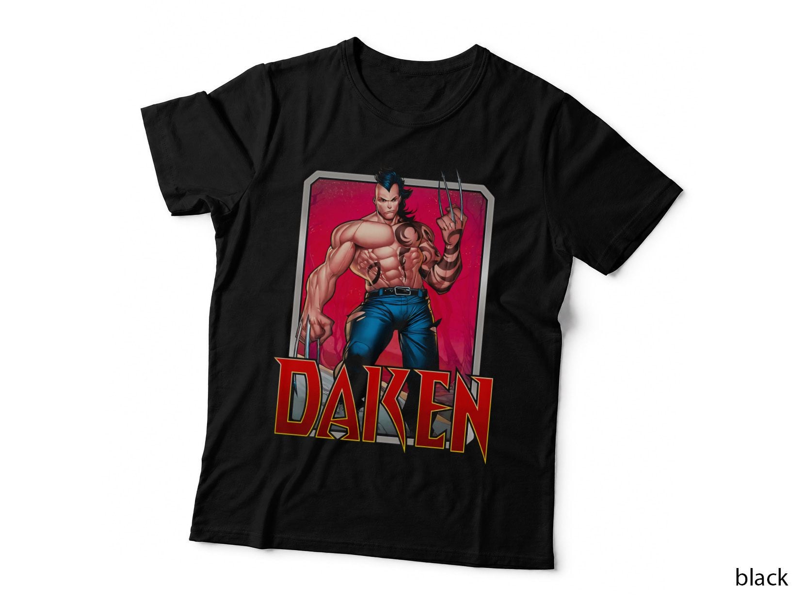 Daken Muscular Male with Claws on Magenta Red Text T-Shirt