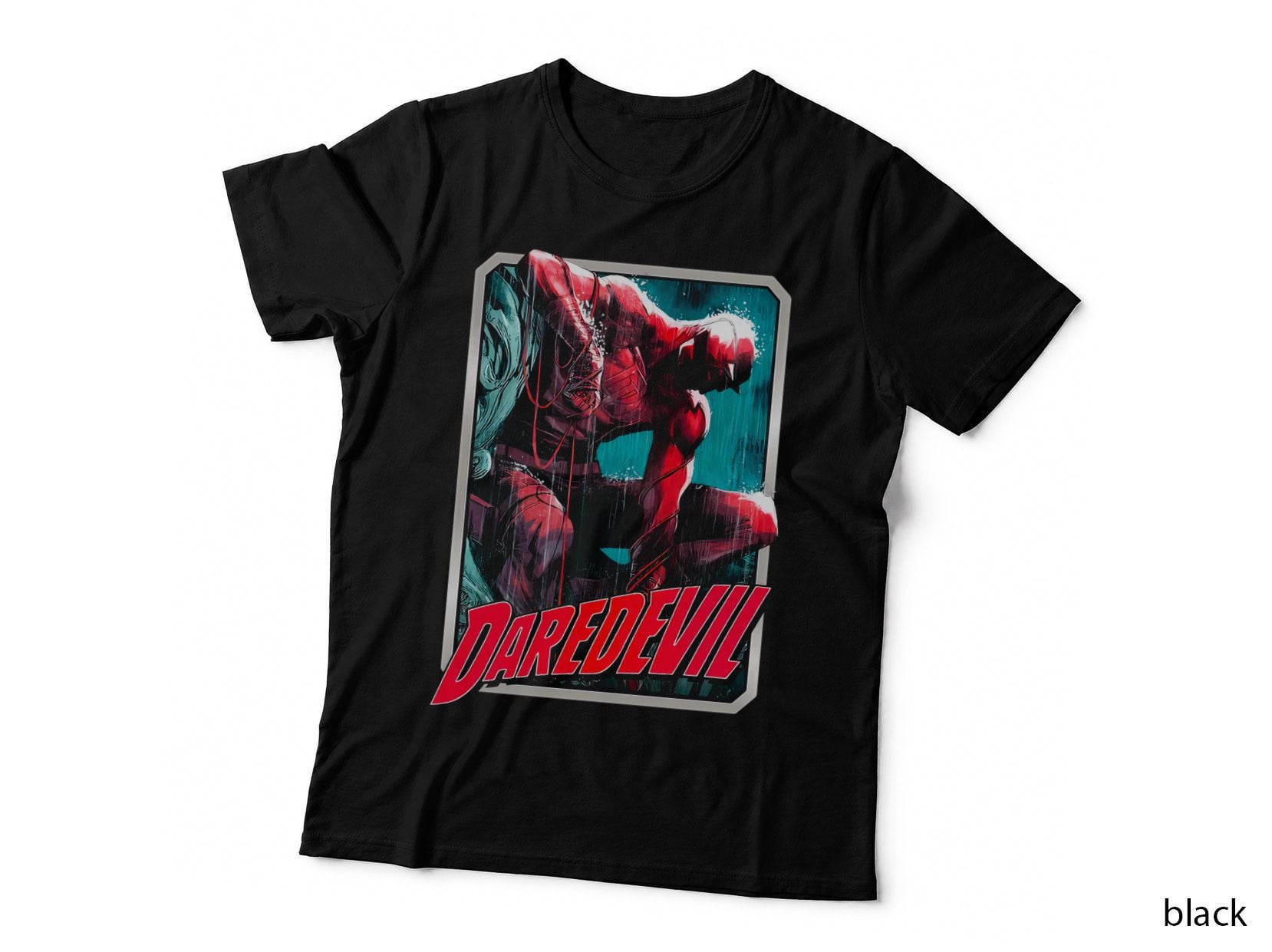Daredevil Red Character with Energy Lines Teal Background T-Shirt