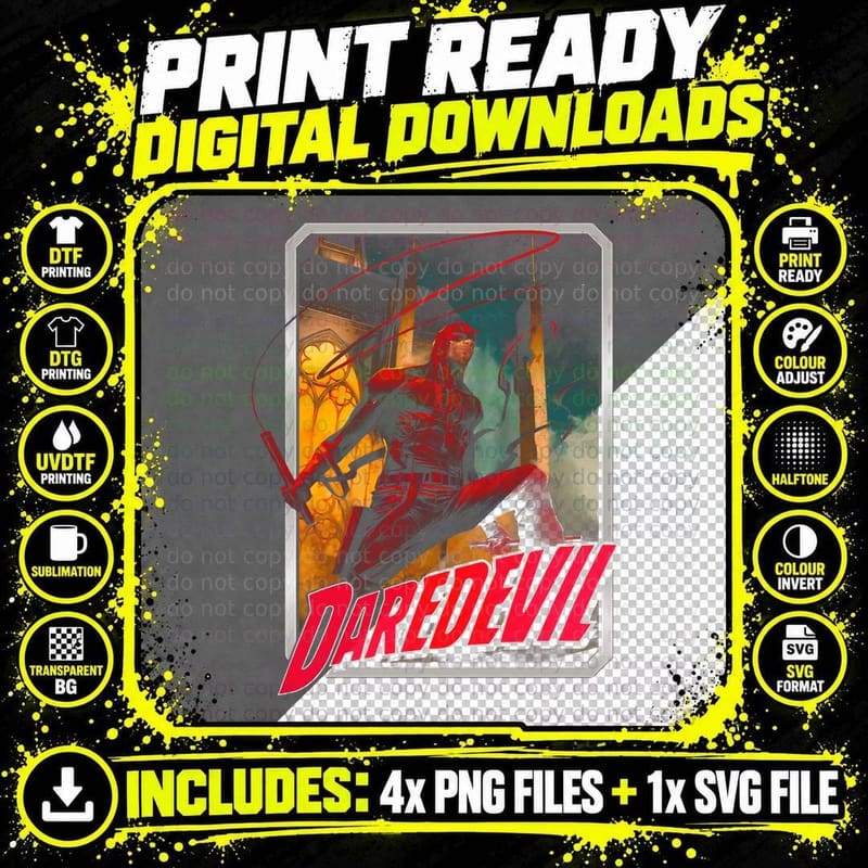 Daredevil Red Masked Figure in Action Orange and Yellow Png SVG Digital Bundle