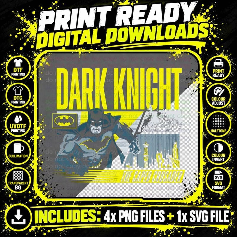 Dark Knight the Caped Crusader Batman in Yellow Text Png SVG Digital Bundle