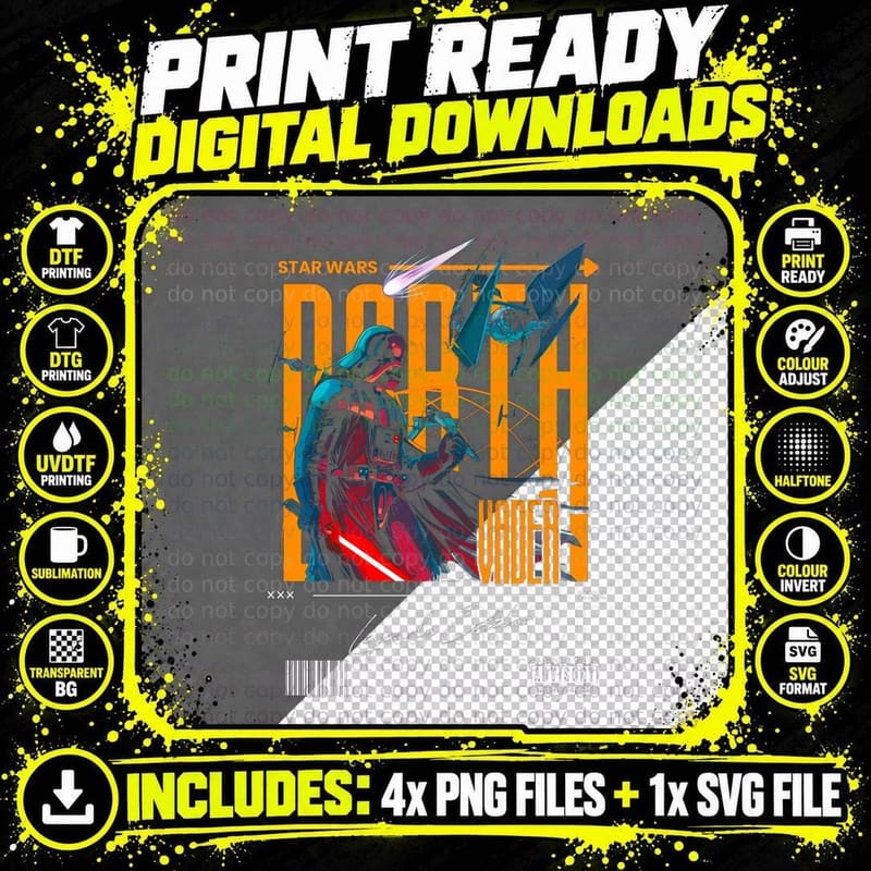 Darth Vader Orange Large Text Villain T-Shirt Png SVG Digital Bundle