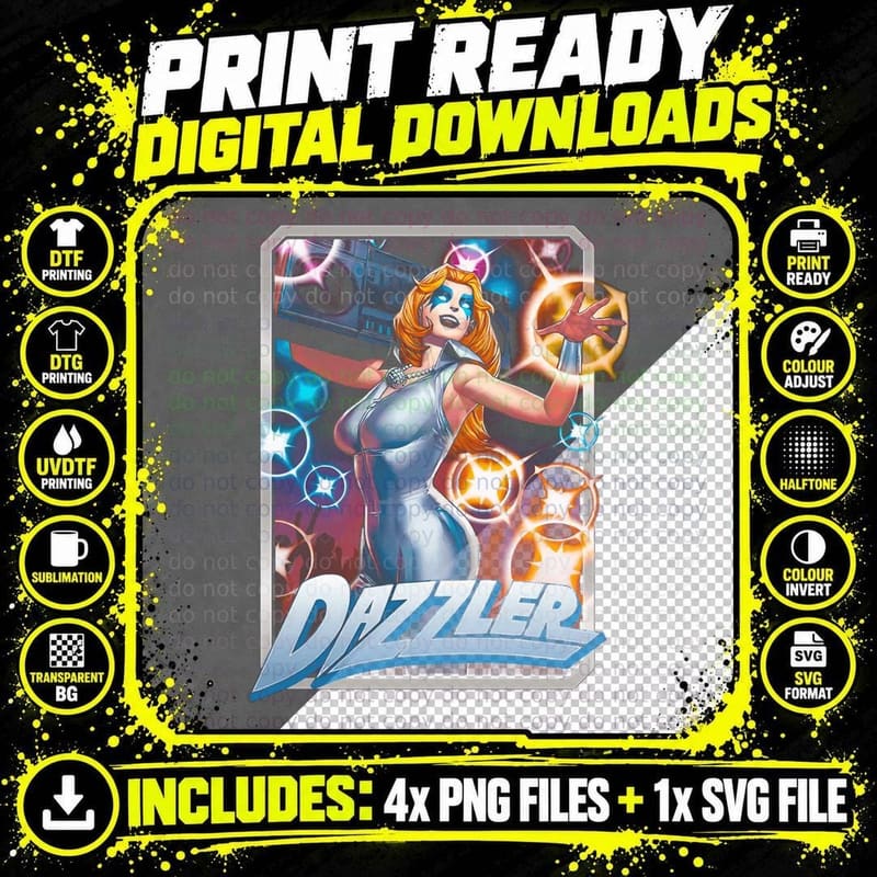 Dazzler Orange Female with Energy Orbs Purple Magenta Png SVG Digital Bundle