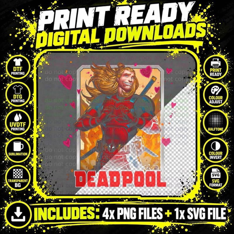 Deadpool Female Character with Hearts Red Orange Yellow Png SVG Digital Bundle