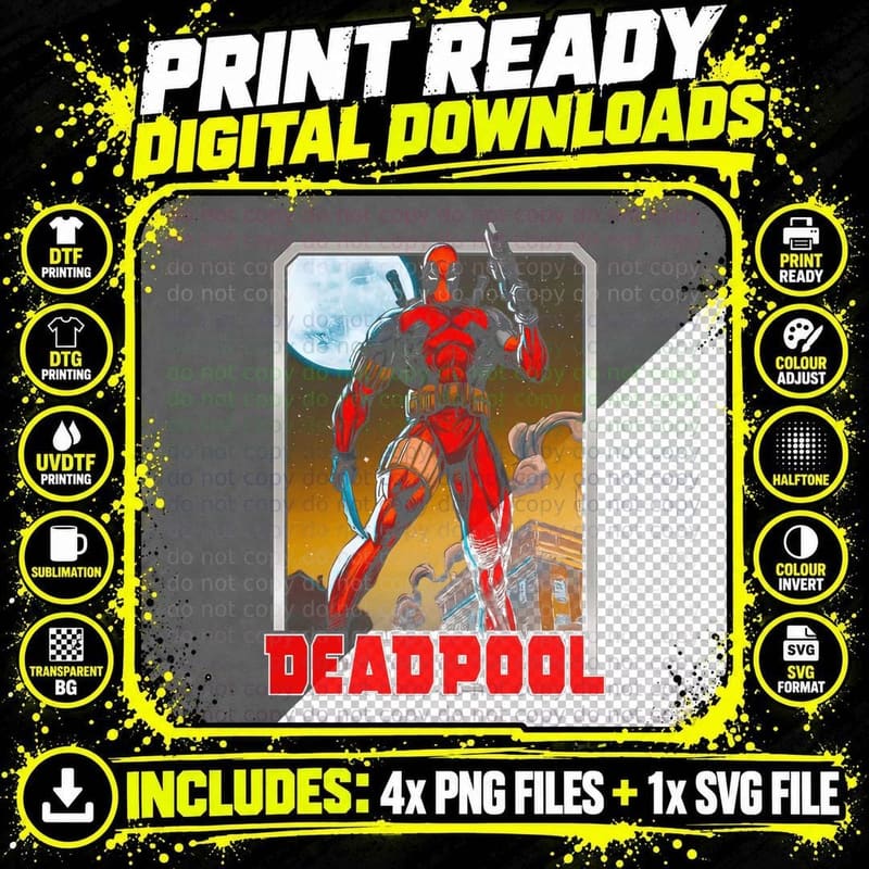 Deadpool Red Character on Golden Background Mercenary Png SVG Digital Bundle