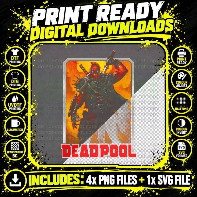 Deadpool Red Character on Orange Background Yellow Text Png SVG Digital Bundle