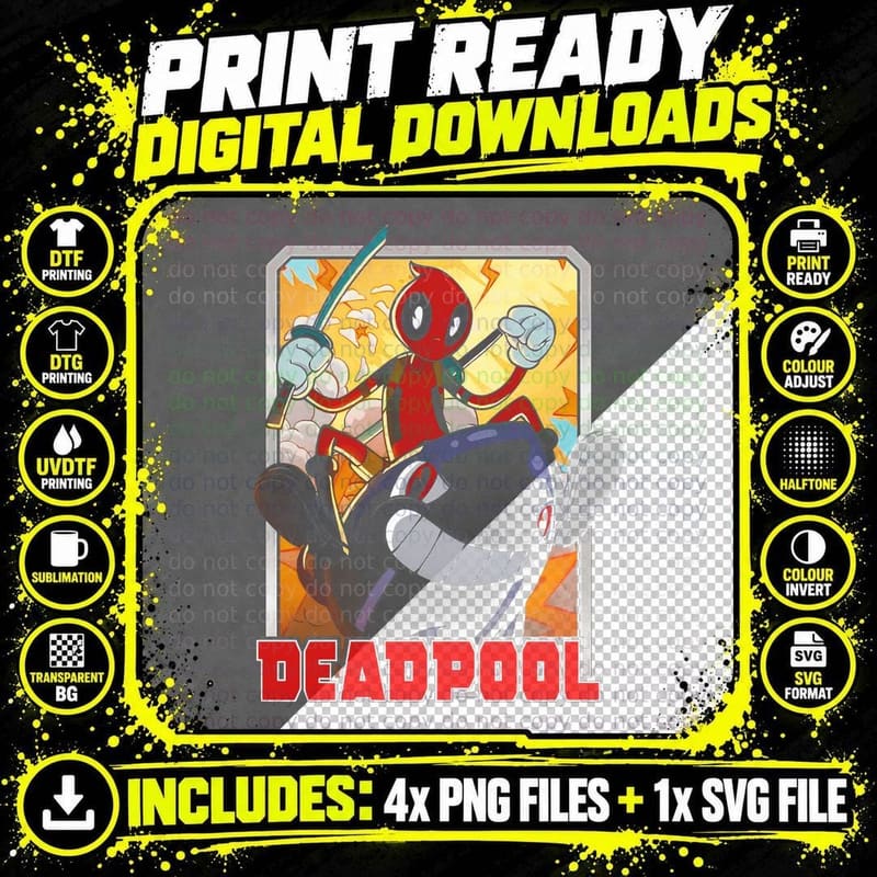 Deadpool Red Character on Yellow Background Halftone Png SVG Digital Bundle