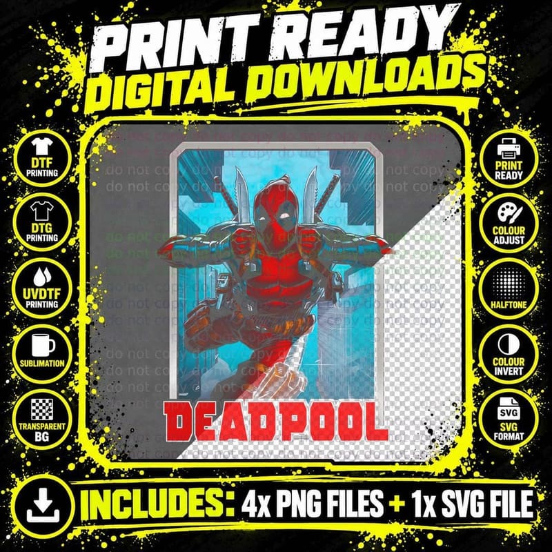 Deadpool Red Character with Cyan Background Bold Pose Png SVG Digital Bundle