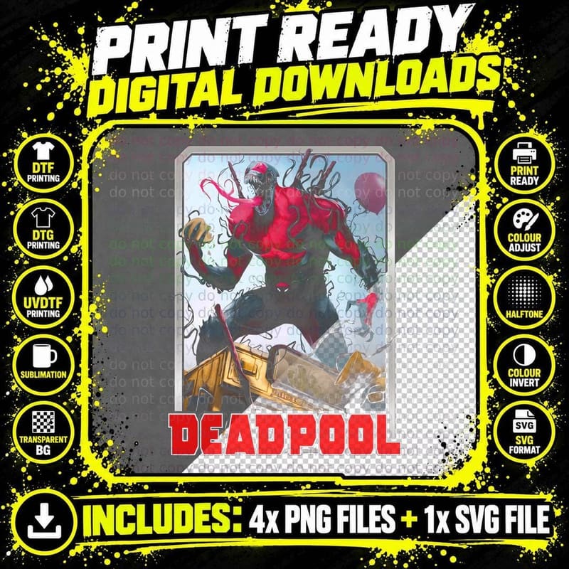 Deadpool Red Character with Golden Yellow Tones Dynamic Png SVG Digital Bundle