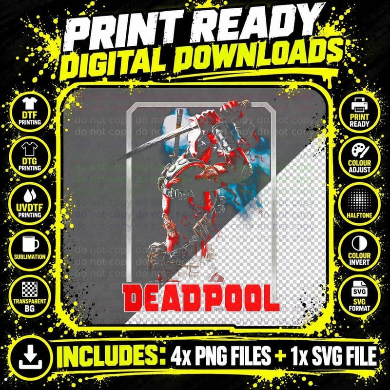 Deadpool Red Figure with Sword and Weapons Gray Tones Png SVG Digital Bundle