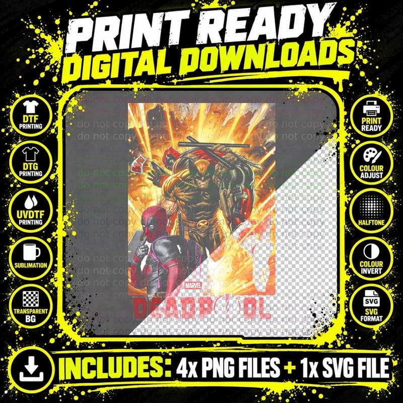 Deadpool Studios Fiery Gold Red Action T-Shirt Png SVG Digital Bundle