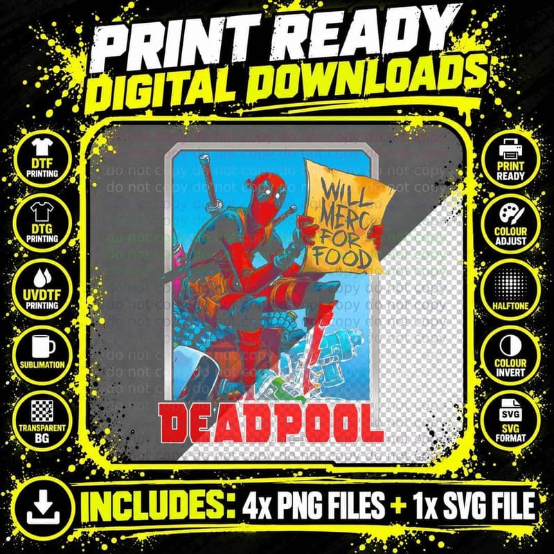 Deadpool Will Merc for Food Red Character with Merch Png SVG Digital Bundle