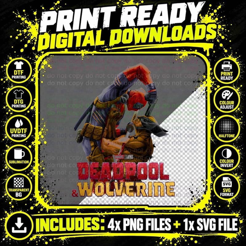 Deadpool Wolverine Action Red Yellow Text Halftone Png SVG Digital Bundle