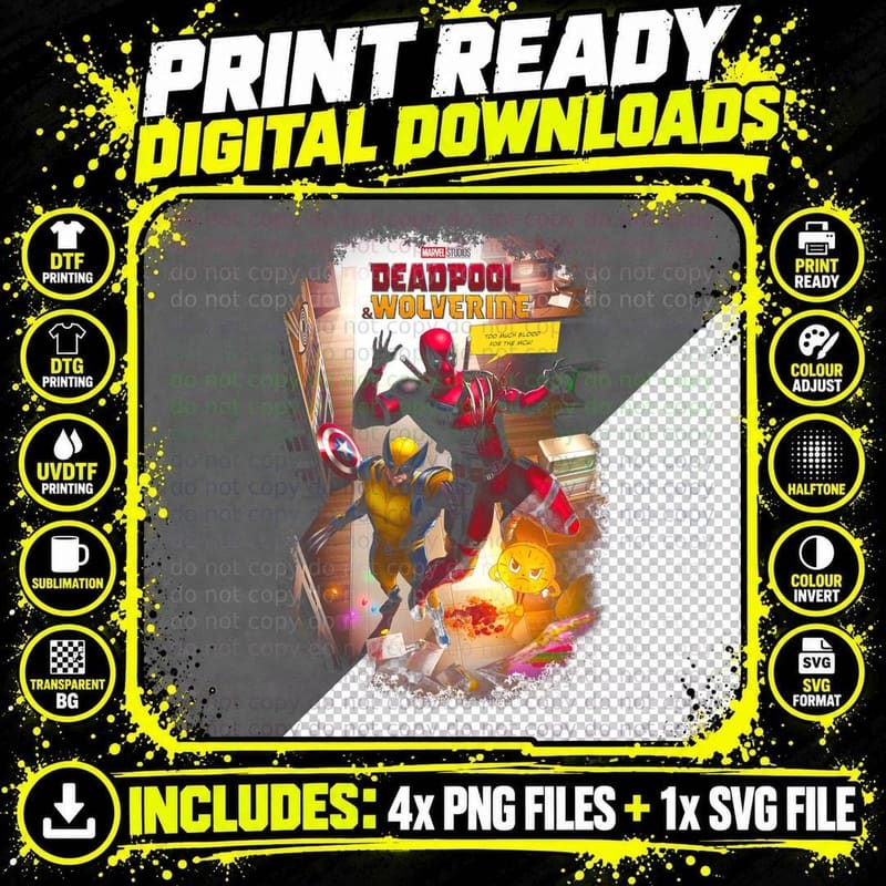 Deadpool Wolverine Comic Book Scene Action T-Shirt Png SVG Digital Bundle