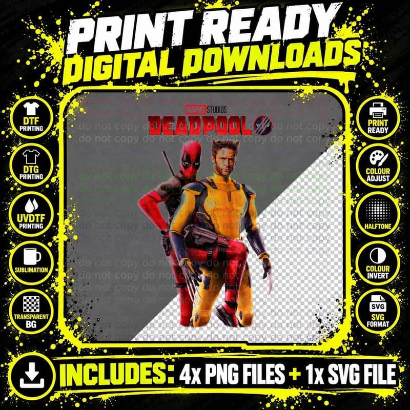 Deadpool Wolverine Duo Action Halftone Comic T-Shirt Png SVG Digital Bundle