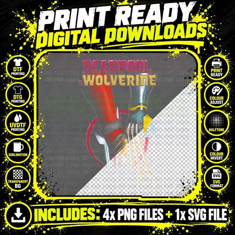 Deadpool Wolverine Pink Yellow Pose Action T-Shirt Png SVG Digital Bundle