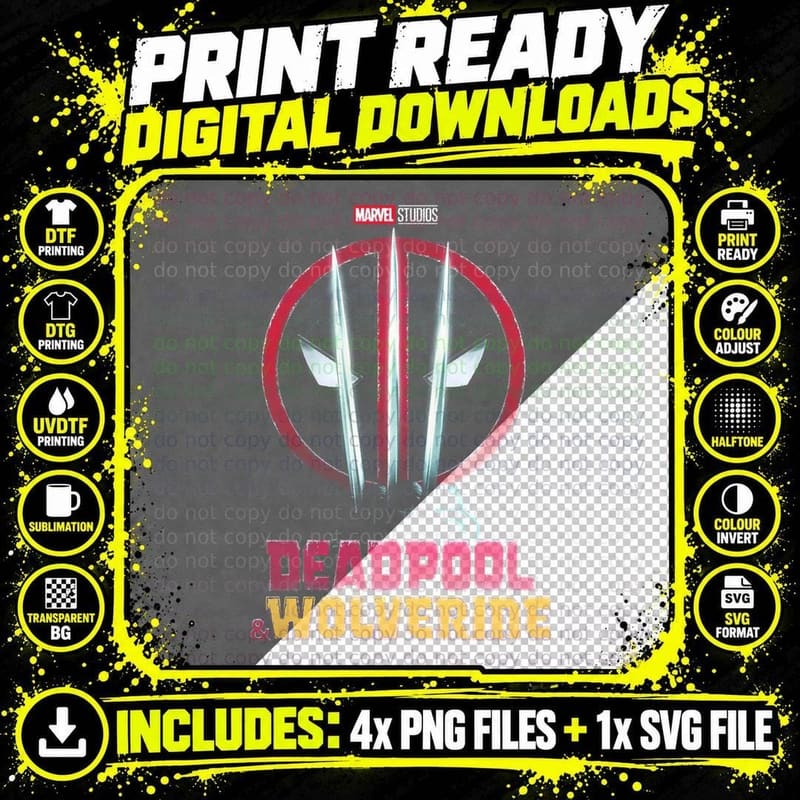 Deadpool Wolverine Studios Swords Icon Red Yellow T-Shirt Png SVG Digital Bundle