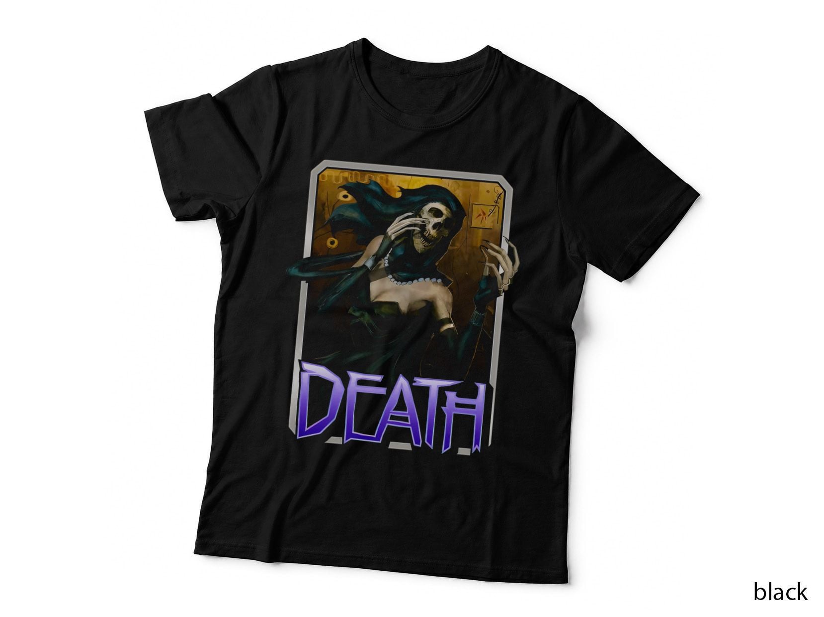 Death Female with Gold Crown Purple Blue Cursive Text T-Shirt