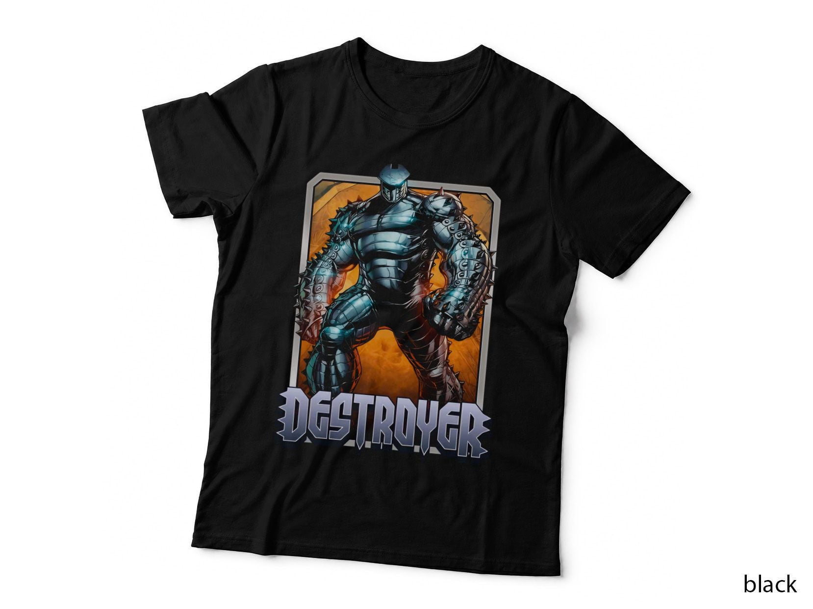 Destroyer Silver Armored Giant Figure Orange Background T-Shirt