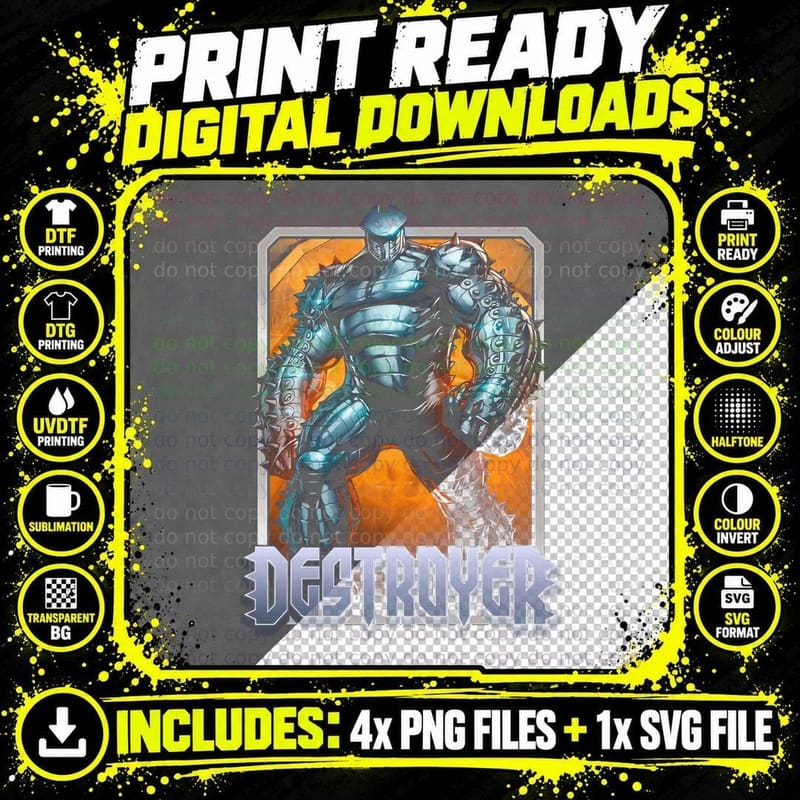 Destroyer Silver Armored Giant Figure Orange Background Png SVG Digital Bundle