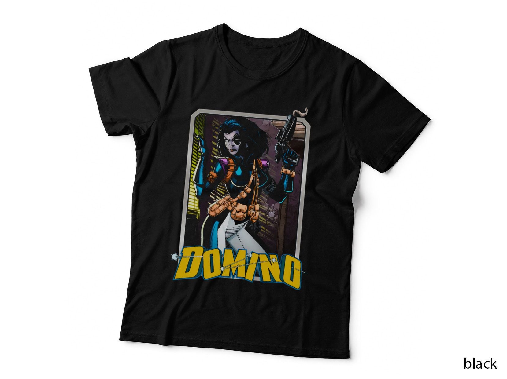 Domino Female with Blue Orange Tech Yellow Comic Lettering T-Shirt