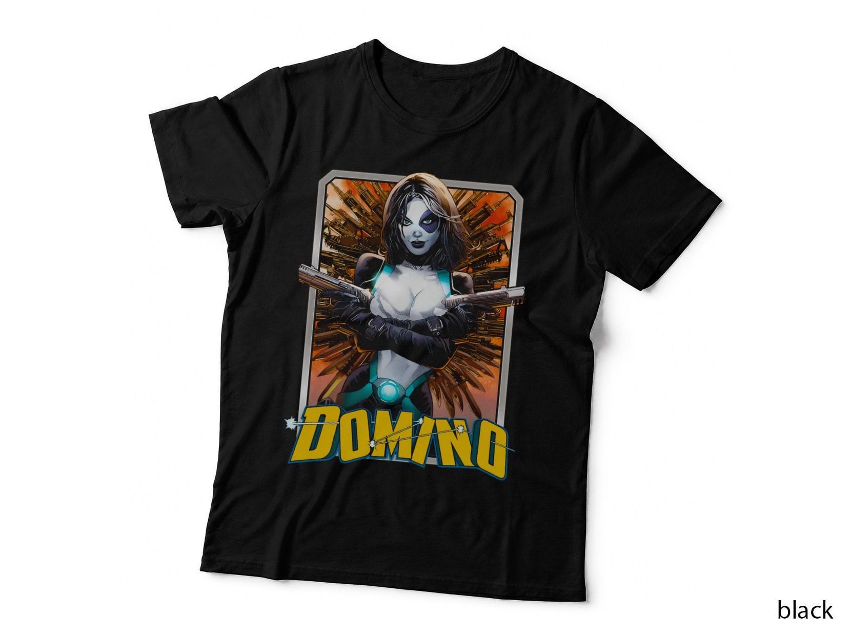 Domino Female with Dual Guns and White Streak Orange T-Shirt