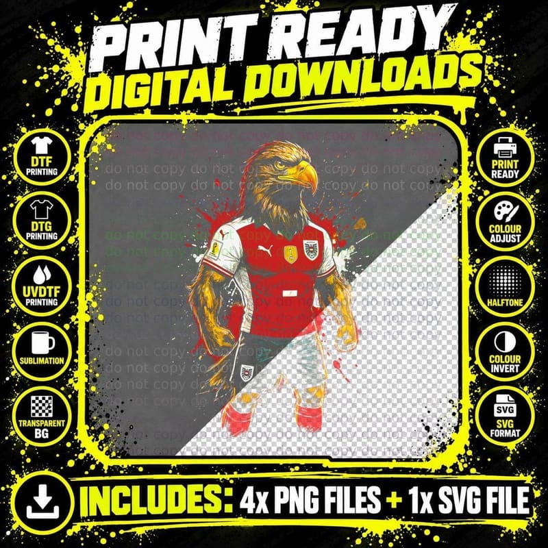 Eagle Footballer Grey and Gold Mascot Red Jersey Puma Png SVG Digital Bundle