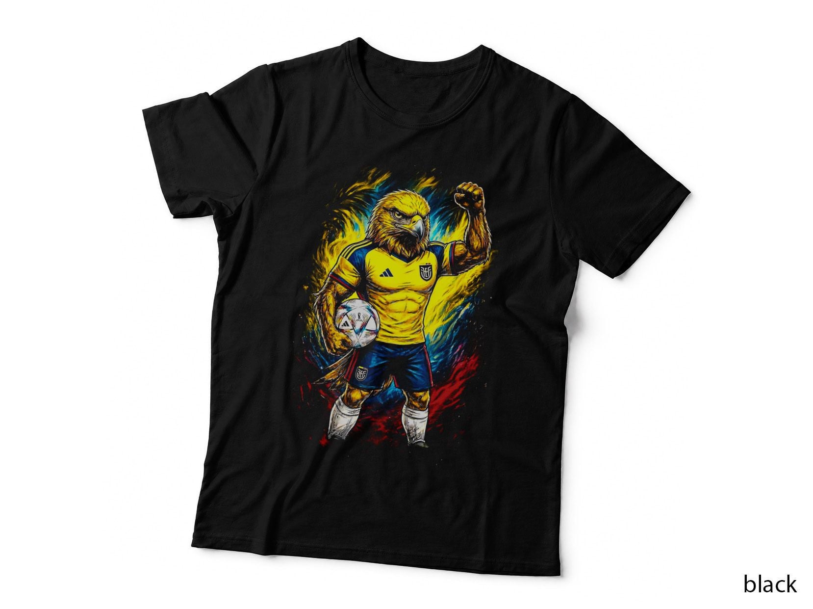 Eagle Mascot Footballer Yellow Blue Kit Fist Raised Holding Ball Flame T-Shirt