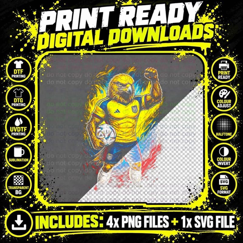 Eagle Mascot Footballer Yellow Blue Kit Fist Raised Png SVG Digital Bundle