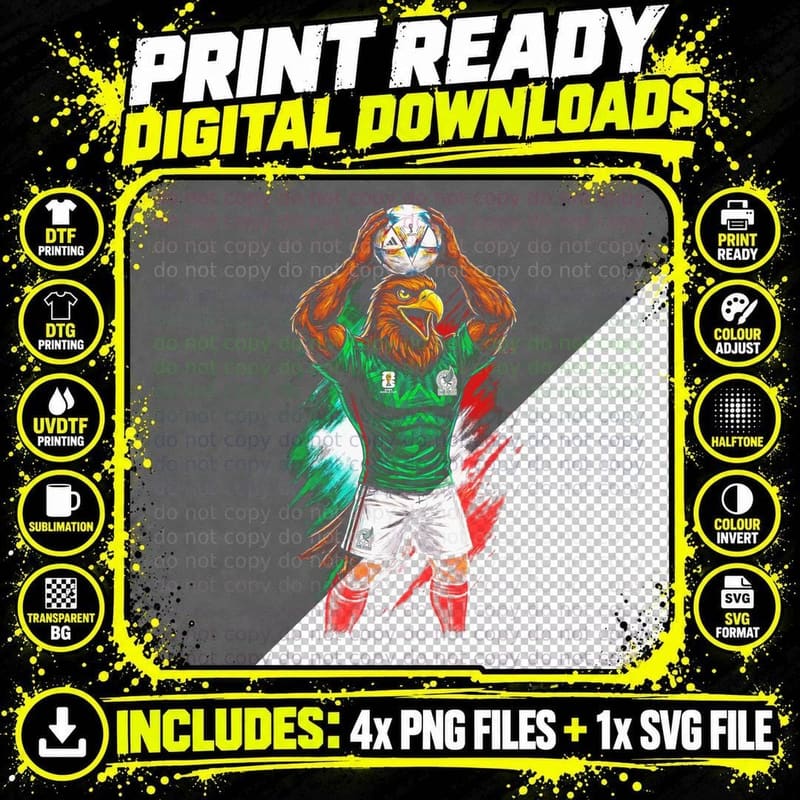 Eagle-Headed Mexico Footballer Golden Eagle Head Green Png SVG Digital Bundle
