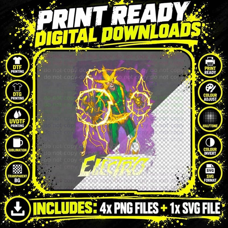 Electro Yellow Character Green Halftone Purple Png SVG Digital Bundle