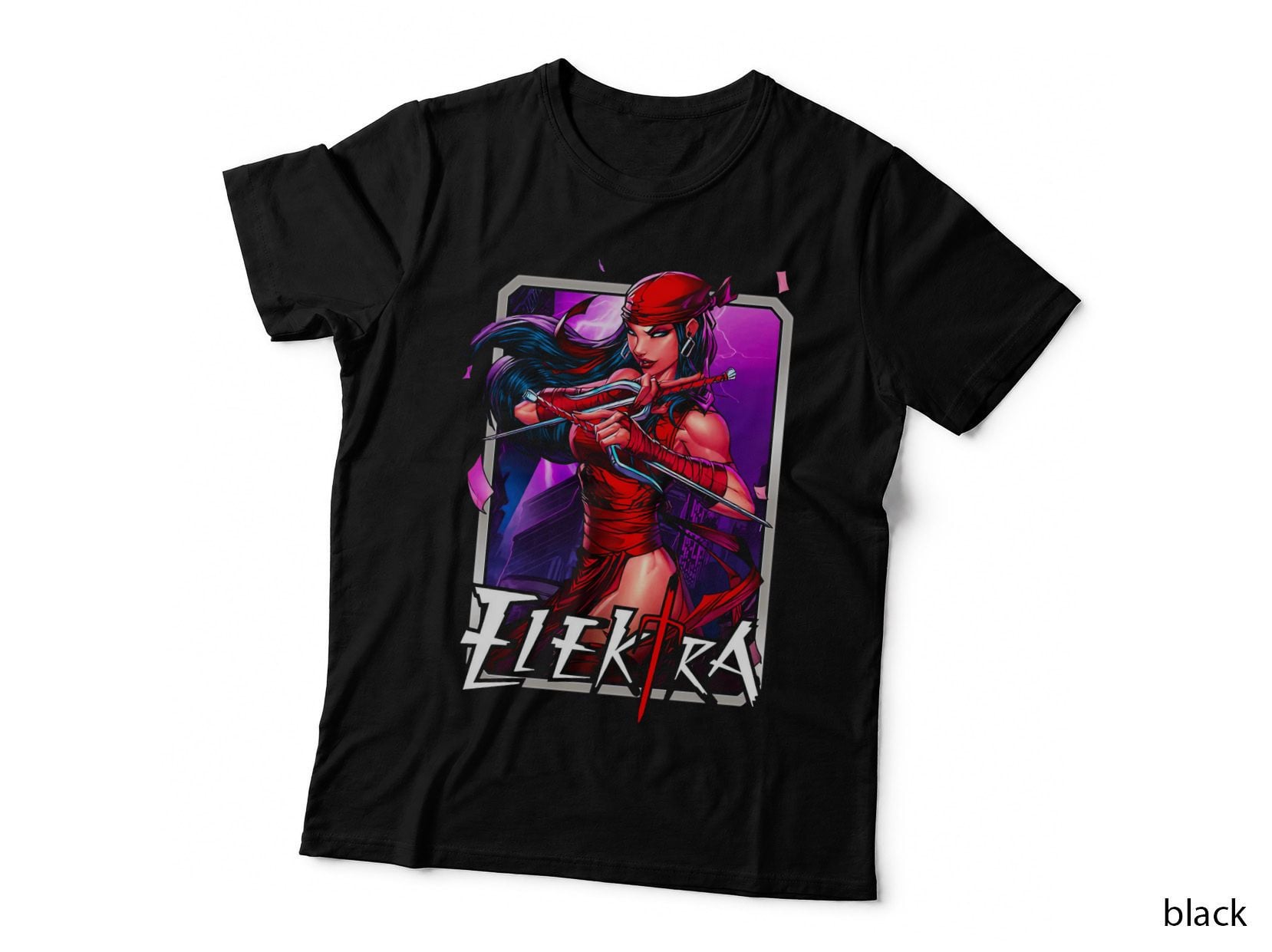 Elektra Female Red Character on Magenta White Italic Text T-Shirt