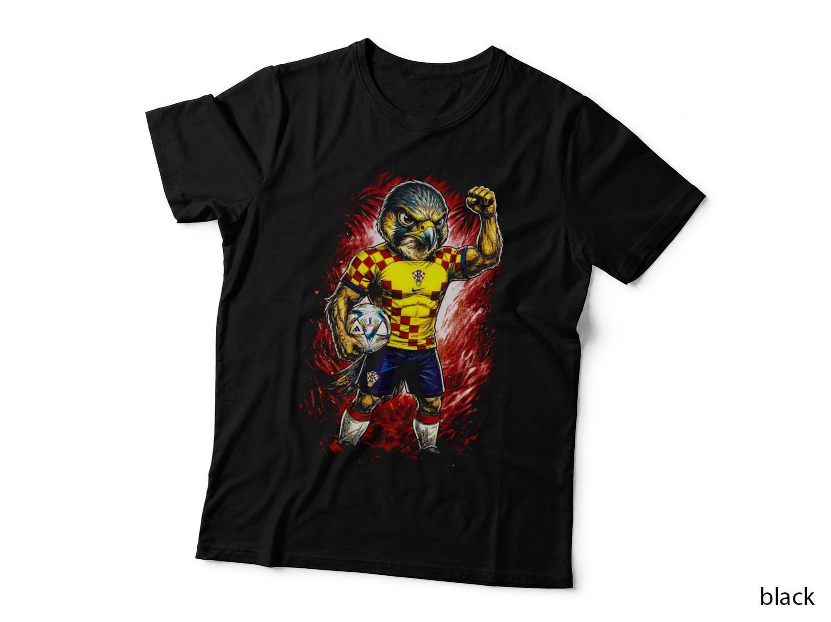 Falcon Footballer Mascot Croatia Red White Checkered Kit Fist Raised T-Shirt