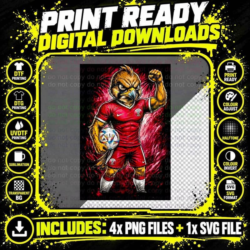 Falcon Footballer Red Qatar Kit Fist Raised Holding Ball Png SVG Digital Bundle