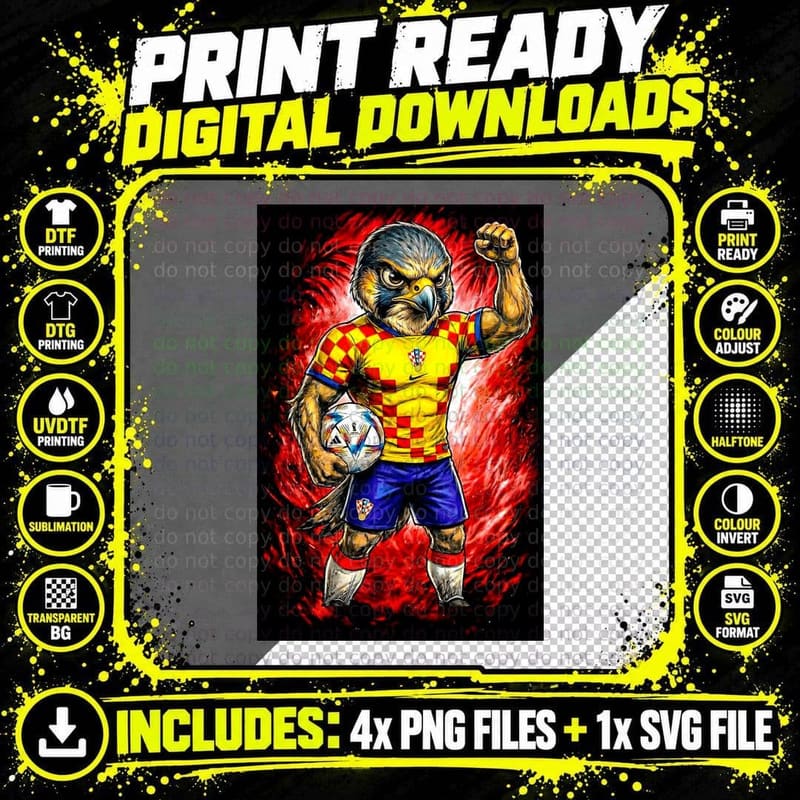 Falcon Hawk Footballer Red-Yellow Checkerboard Croatia Png SVG Digital Bundle
