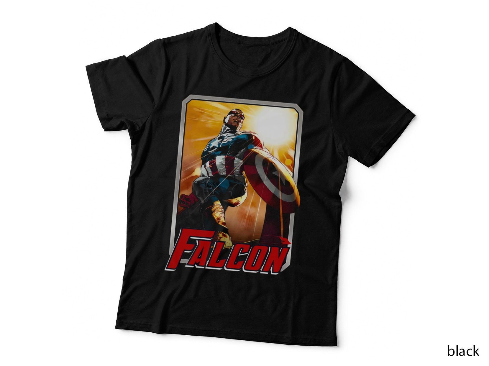 Falcon Red Blue Character with Shield Cape Orange Yellow T-Shirt