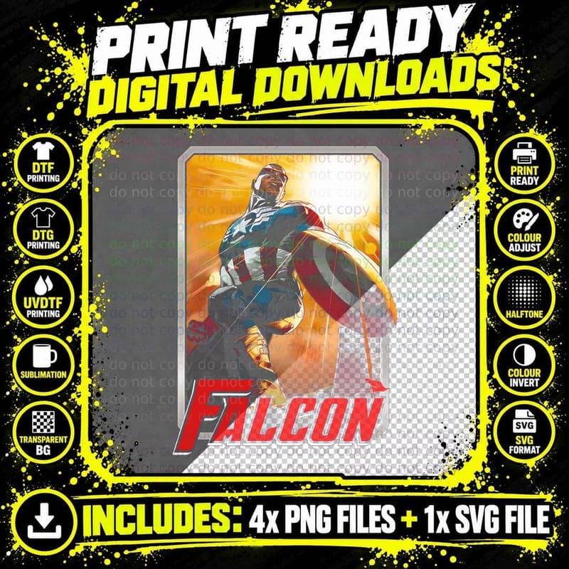 Falcon Red Blue Character with Shield Cape Orange Yellow Png SVG Digital Bundle