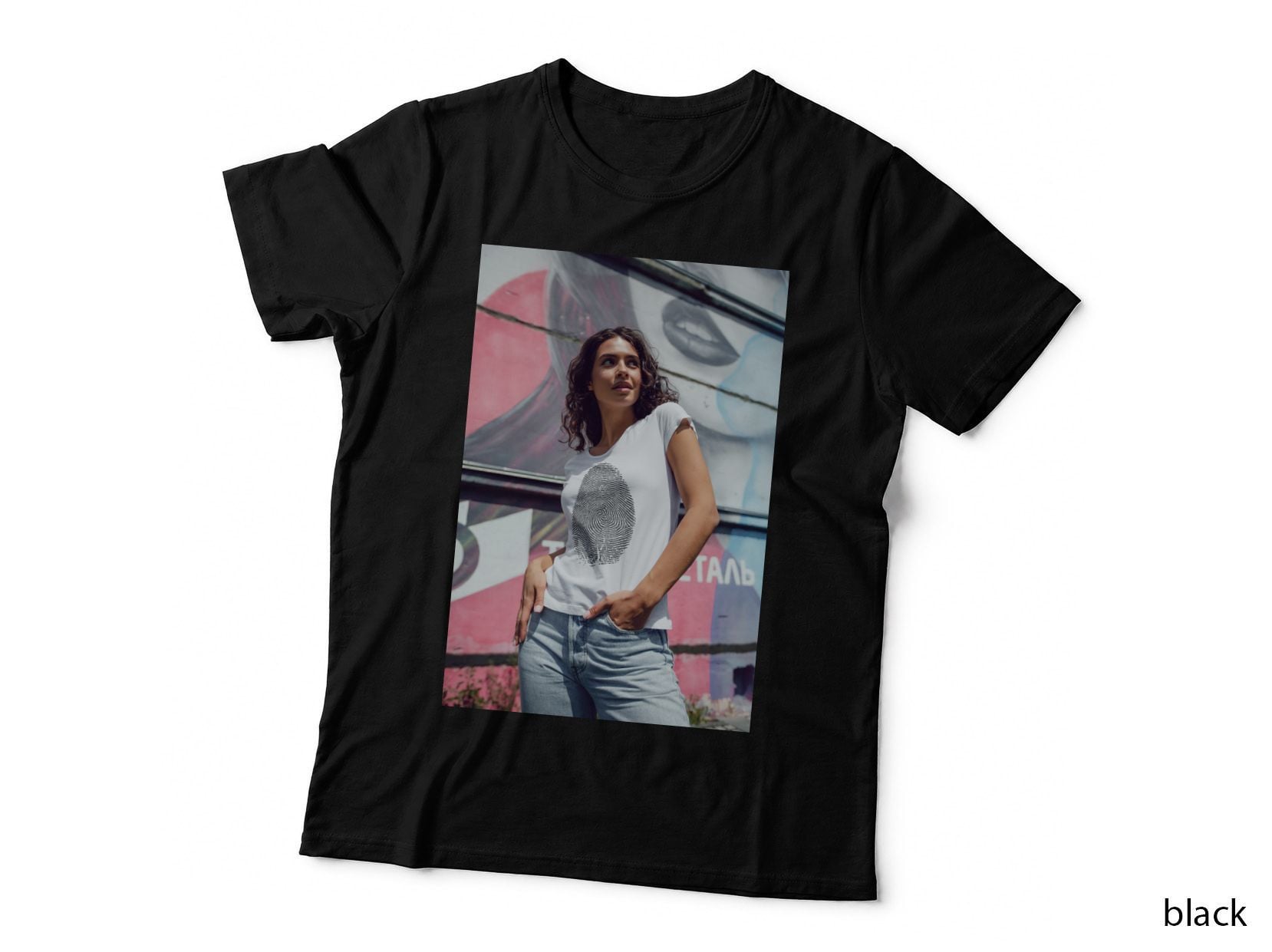 Fingerprint Tee White Sleeveless Graphic Woman Looking Away