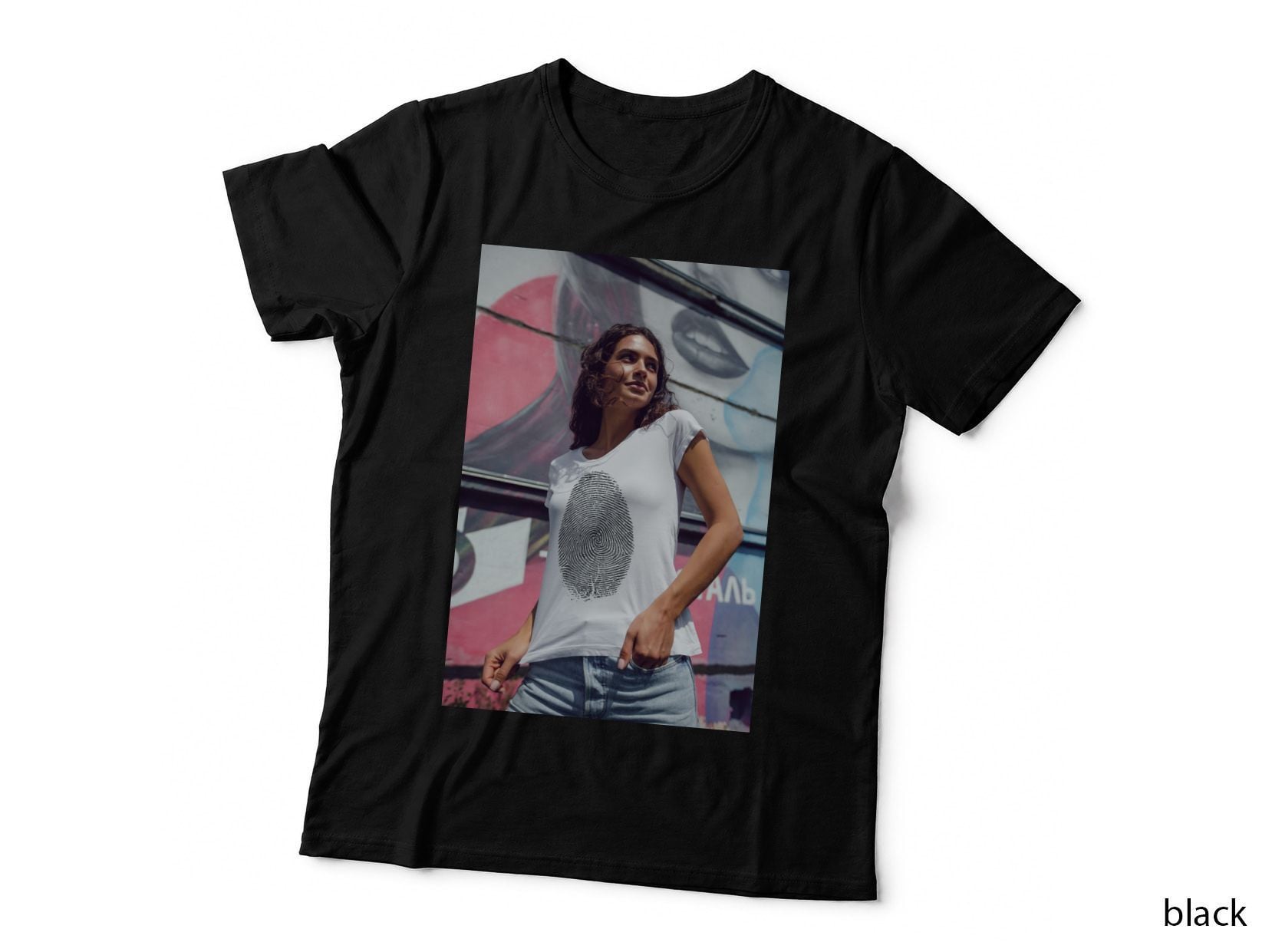 Fingerprint Tee White T-Shirt Graphic Woman Urban Confident Pose