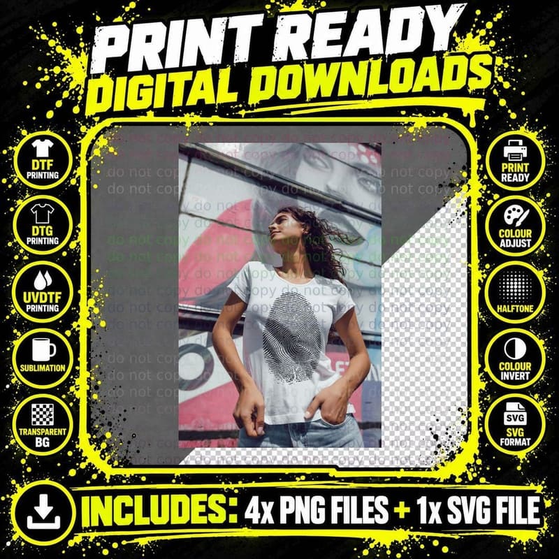 Fingerprint Tee White T-Shirt Graphic Woman Urban Mockup Png SVG Digital Bundle