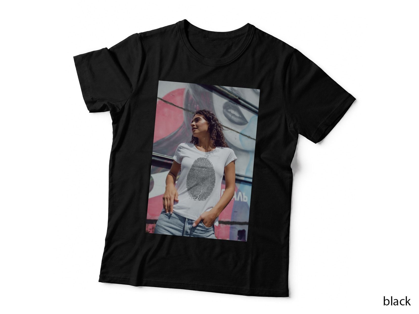 Fingerprint Tee White T-Shirt Graphic Woman Urban Upward Gaze