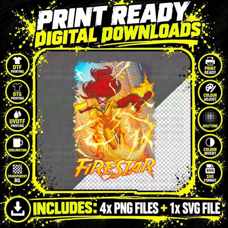 Firestar Female Red Hair Yellow Orange Flames Halftone Png SVG Digital Bundle