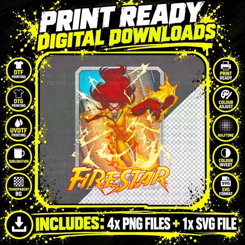 Firestar Female with Red Orange Fire Yellow Lettering Png SVG Digital Bundle